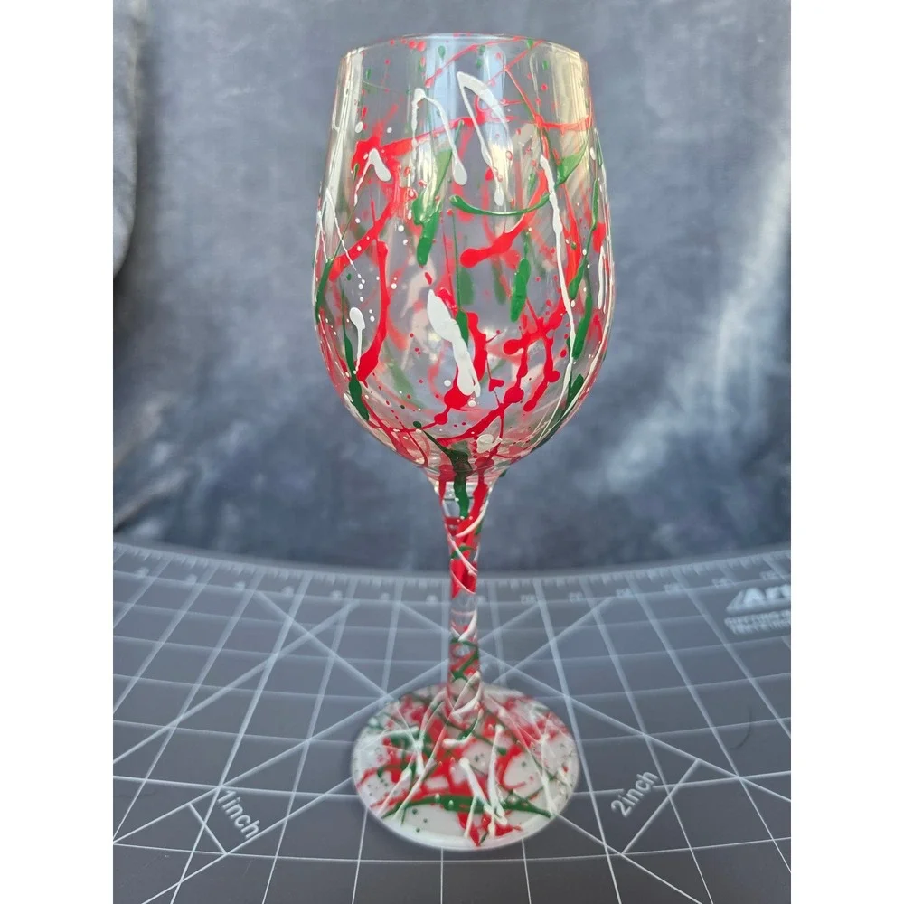 Lolita Holiday Splash Hand Painted Wine Glass Red Green White Festive Stemware